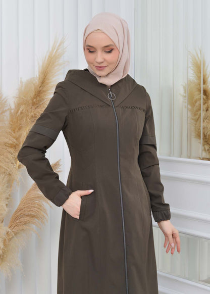 Hooded Zippered Hijab Trench Coat 1202 - Khaki