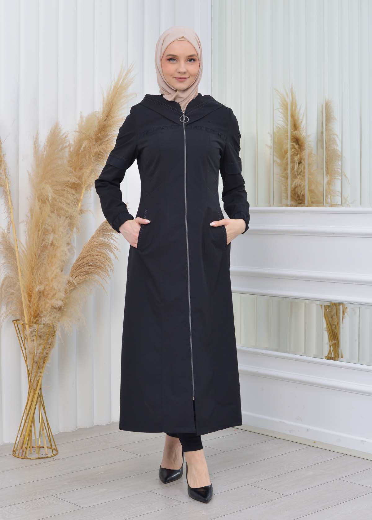 Hooded Zippered Hijab Trench Coat 1202 - Schwarz