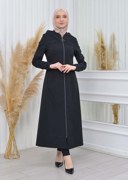 Hooded Zippered Hijab Trench Coat 1202 - Schwarz