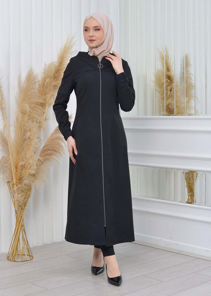 Hooded Zippered Hijab Trench Coat 1202 - Schwarz