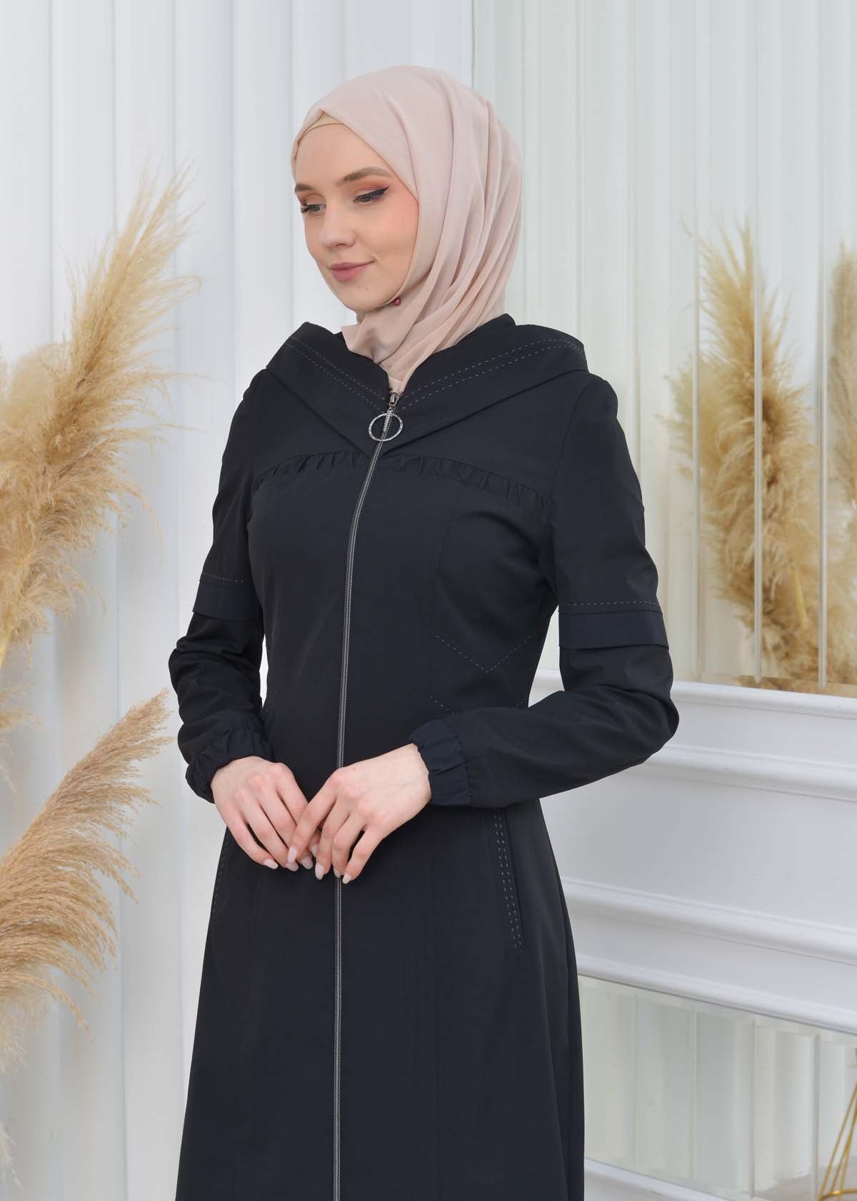 Hooded Zippered Hijab Trench Coat 1202 - Schwarz