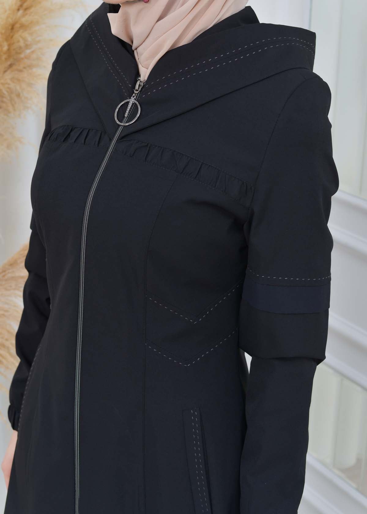 Hooded Zippered Hijab Trench Coat 1202 - Schwarz