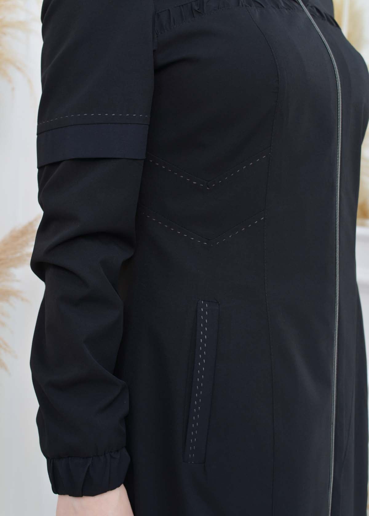 Hooded Zippered Hijab Trench Coat 1202 - Schwarz