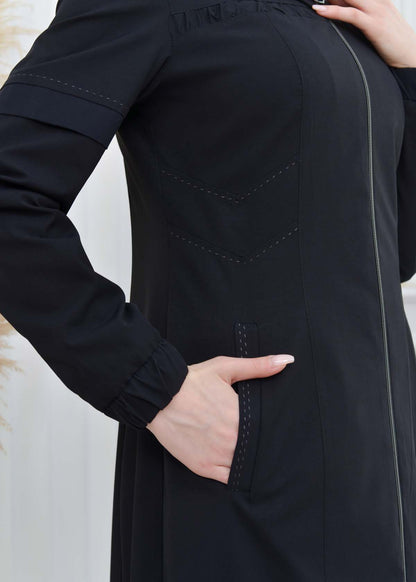 Hooded Zippered Hijab Trench Coat 1202 - Schwarz