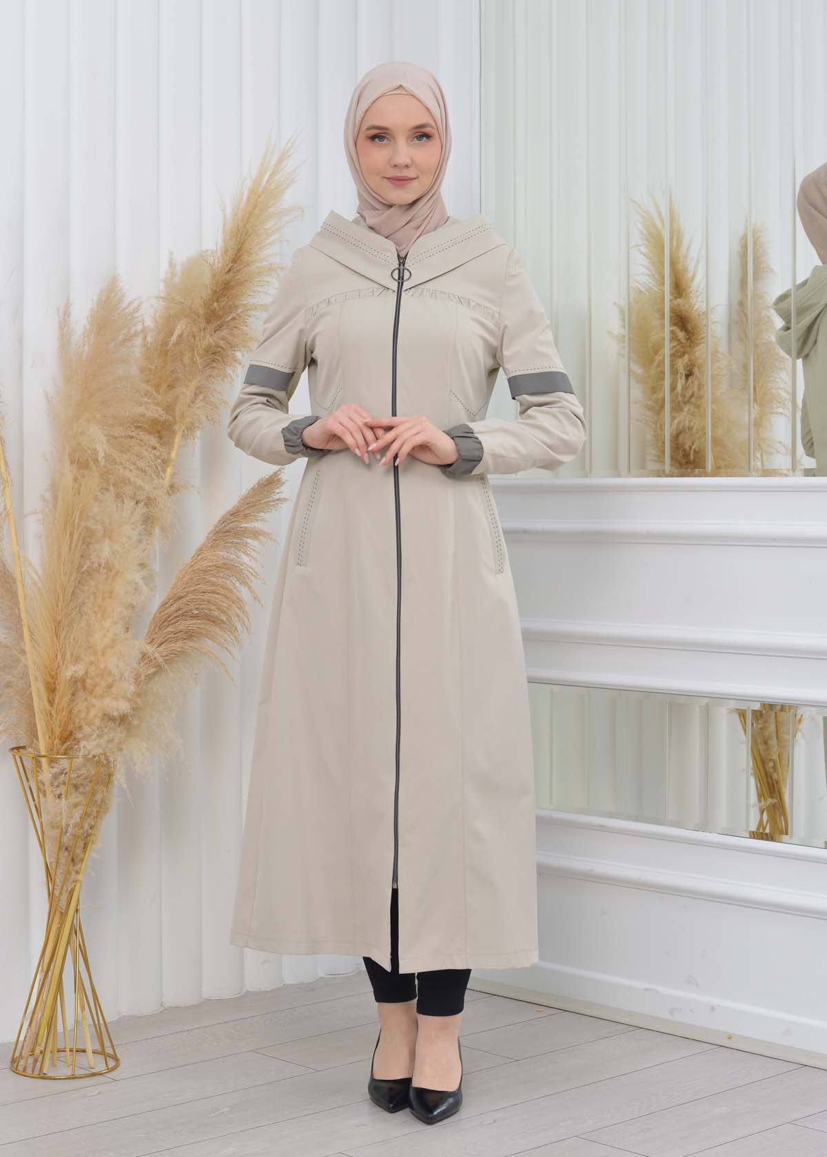 Hooded Zippered Hijab Trench Coat 1202 - Beige