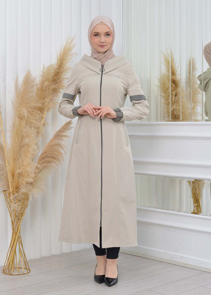 Hooded Zippered Hijab Trench Coat 1202 - Beige