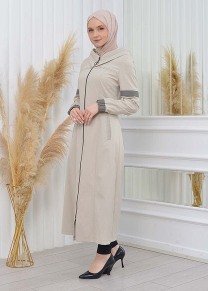 Hooded Zippered Hijab Trench Coat 1202 - Beige