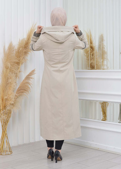 Hooded Zippered Hijab Trench Coat 1202 - Beige