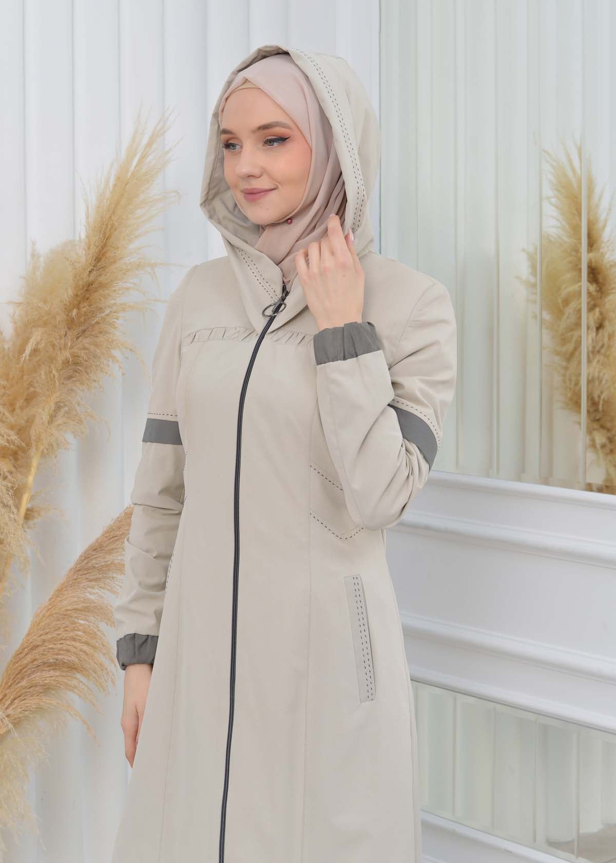 Hooded Zippered Hijab Trench Coat 1202 - Beige