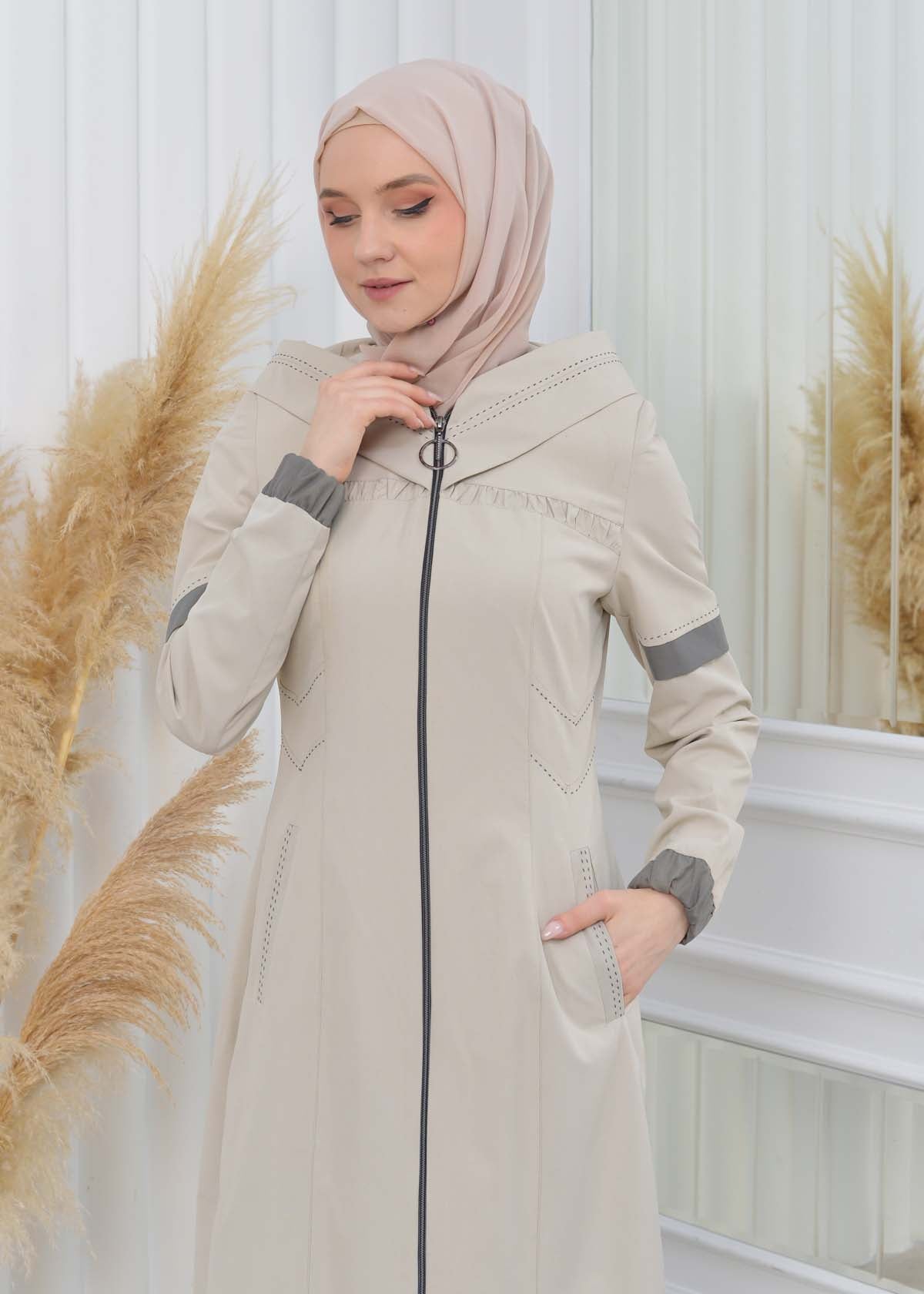 Hooded Zippered Hijab Trench Coat 1202 - Beige