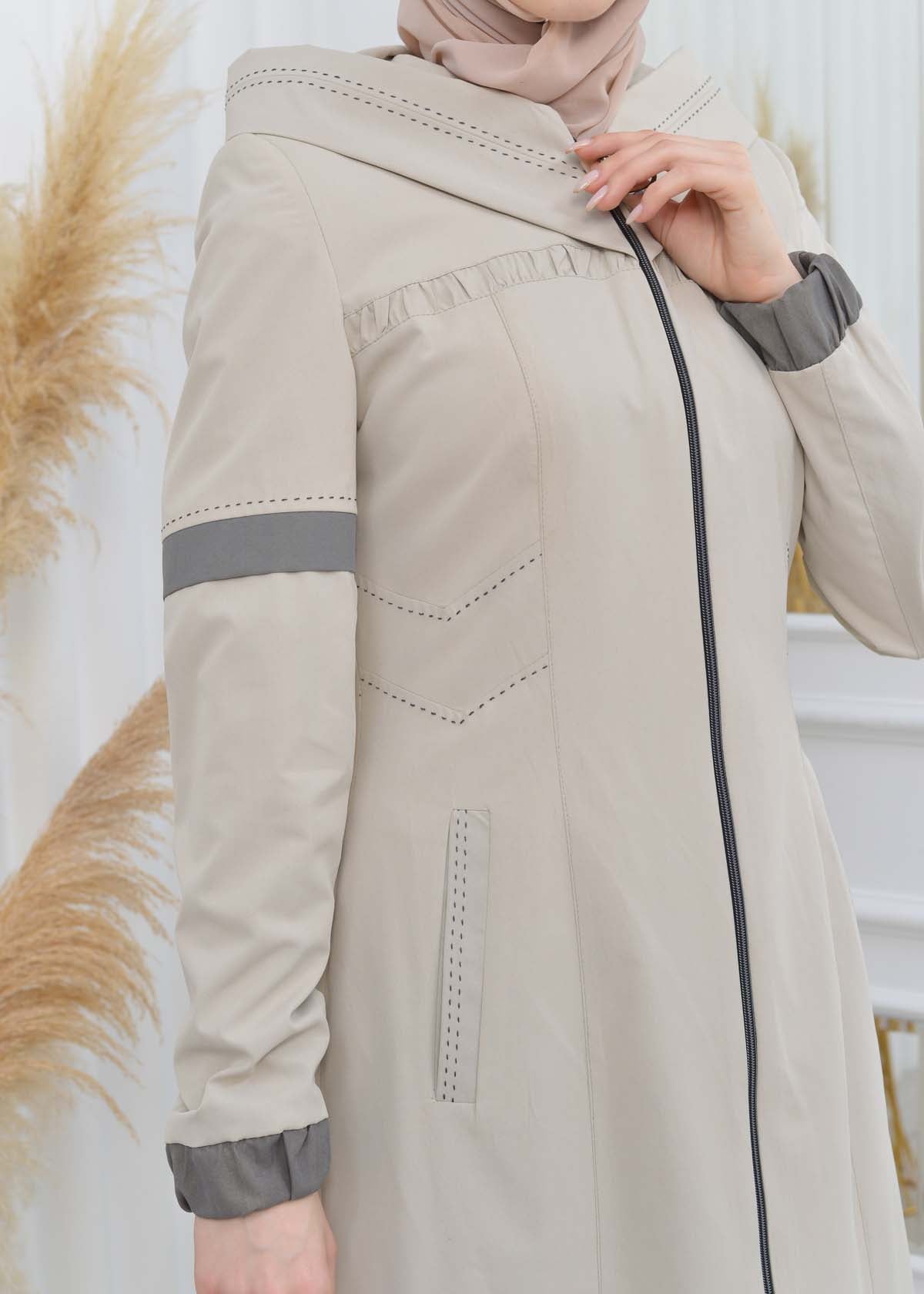 Hooded Zippered Hijab Trench Coat 1202 - Beige