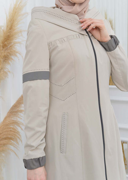 Hooded Zippered Hijab Trench Coat 1202 - Beige