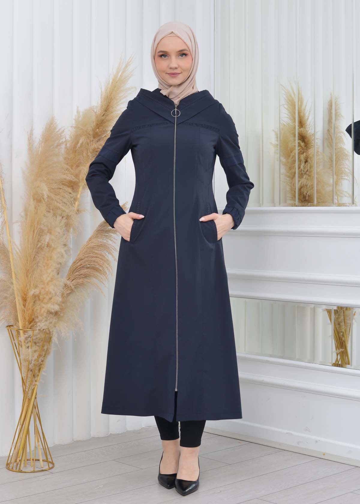 Hooded Zippered Hijab Trench Coat 1202 - Dunkelblau