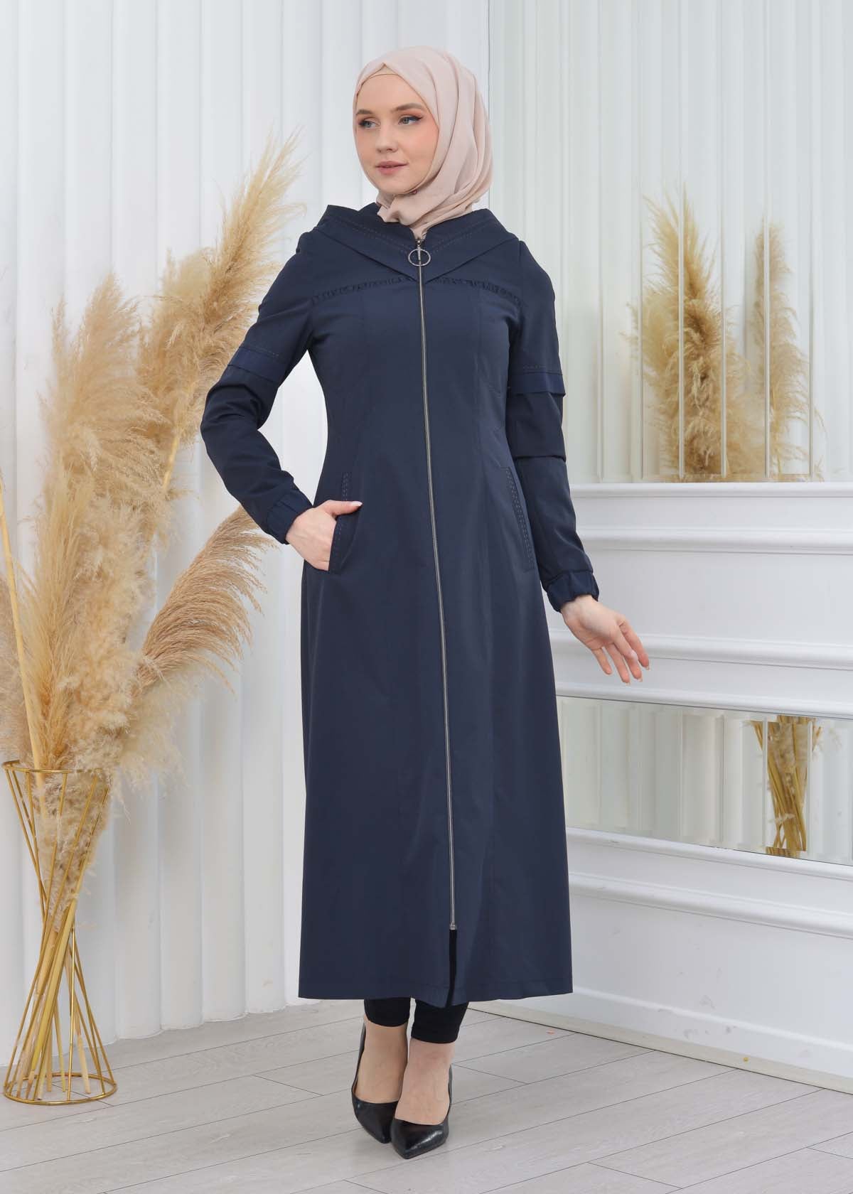 Hooded Zippered Hijab Trench Coat 1202 - Dunkelblau