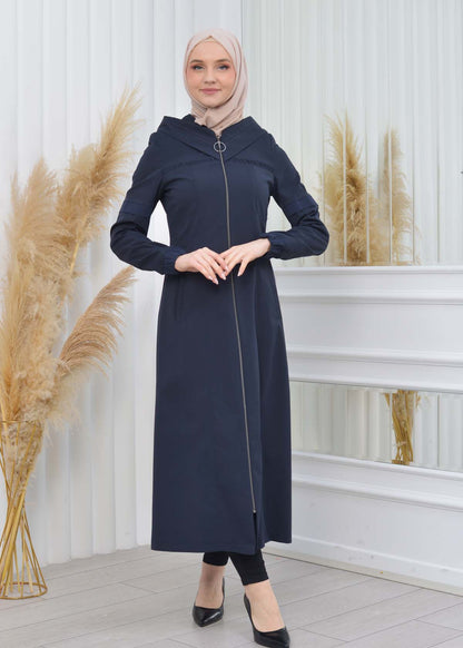 Hooded Zippered Hijab Trench Coat 1202 - Dunkelblau