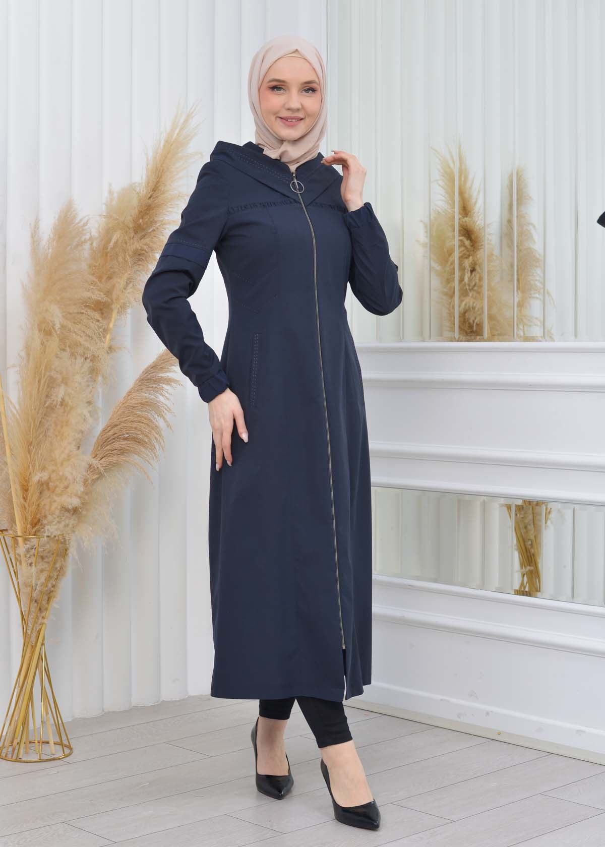 Hooded Zippered Hijab Trench Coat 1202 - Dunkelblau
