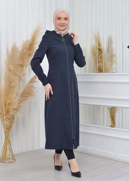 Hooded Zippered Hijab Trench Coat 1202 - Dunkelblau