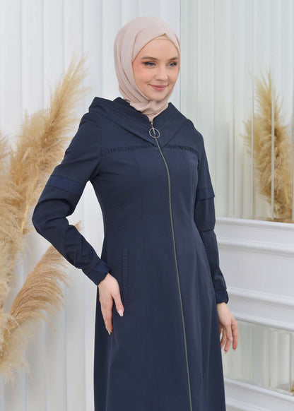 Hooded Zippered Hijab Trench Coat 1202 - Dunkelblau