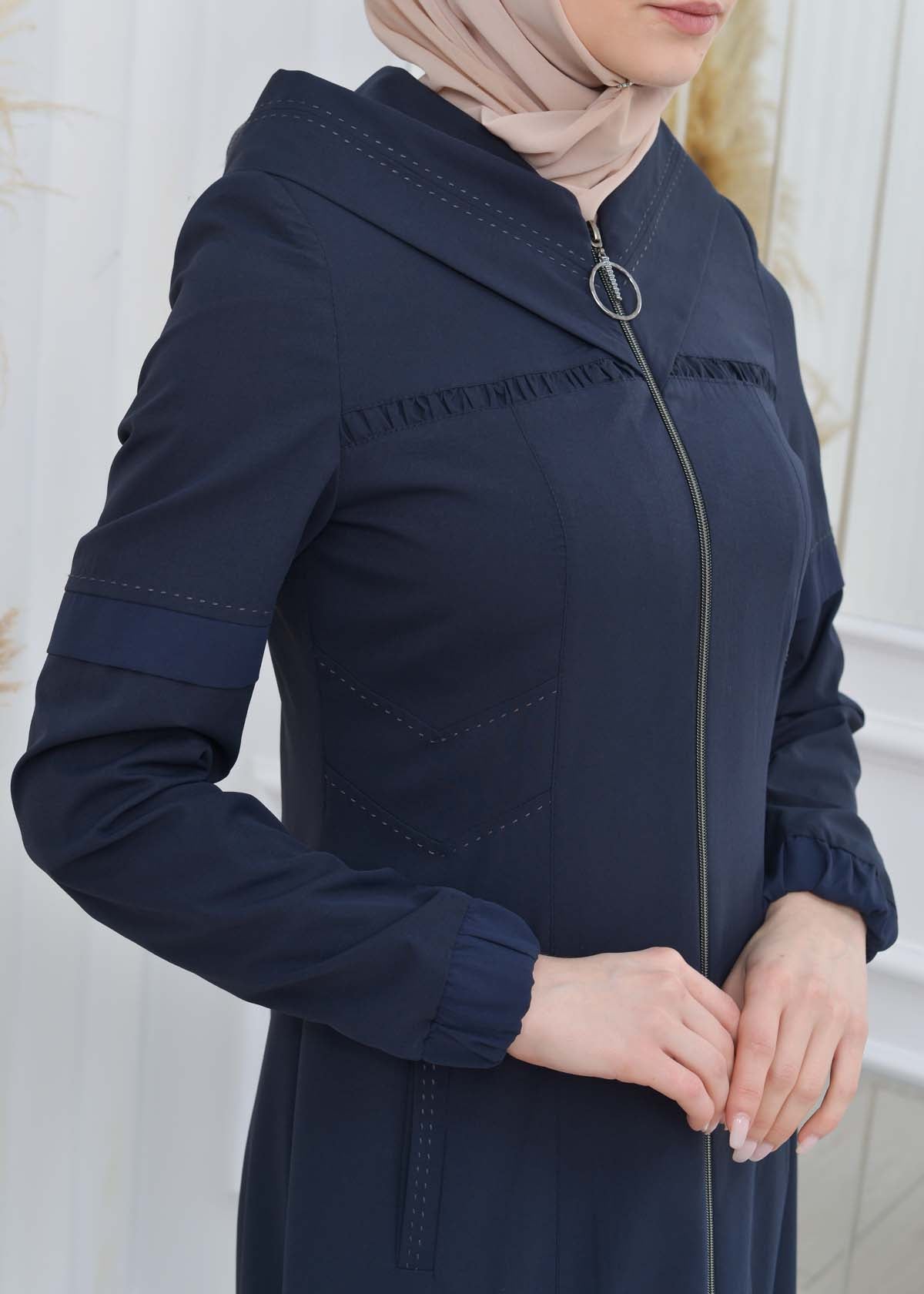 Hooded Zippered Hijab Trench Coat 1202 - Dunkelblau