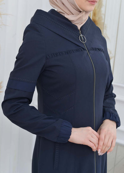 Hooded Zippered Hijab Trench Coat 1202 - Dunkelblau