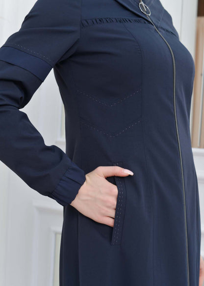 Hooded Zippered Hijab Trench Coat 1202 - Dunkelblau