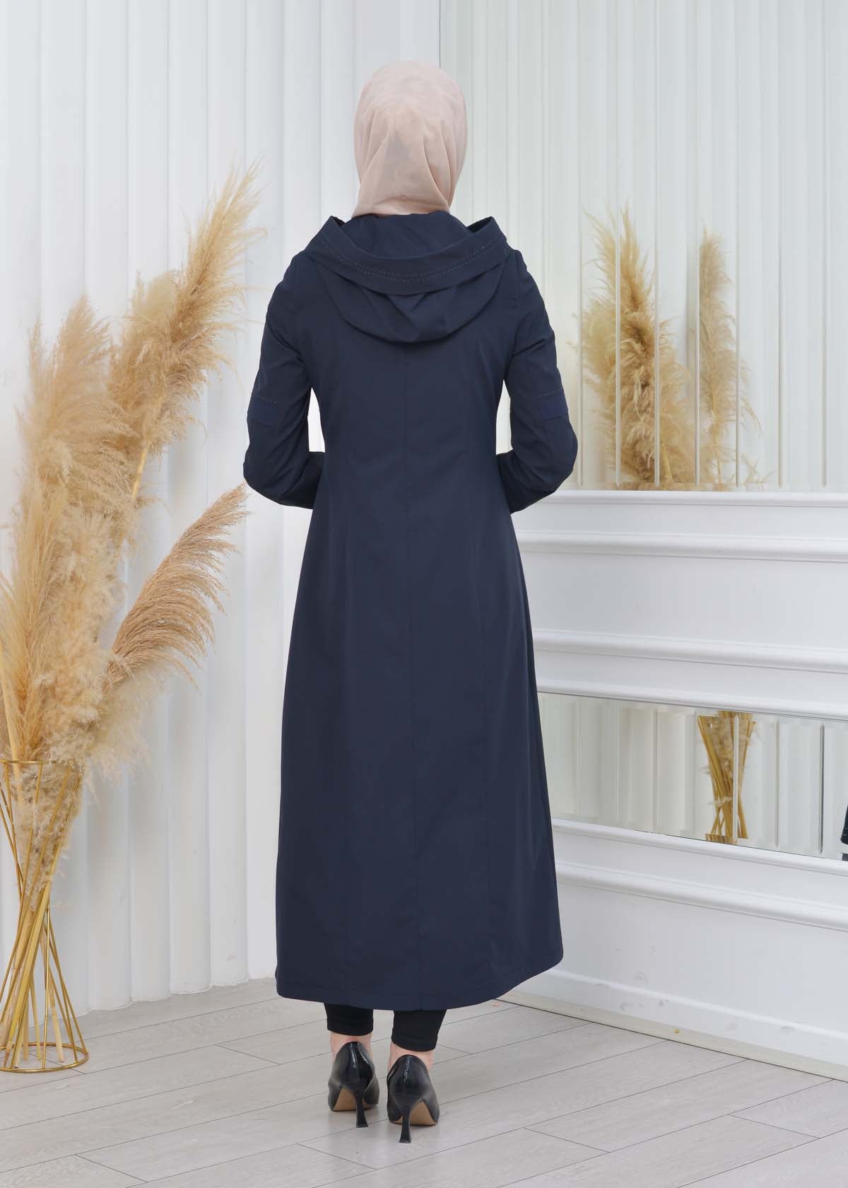 Hooded Zippered Hijab Trench Coat 1202 - Dunkelblau