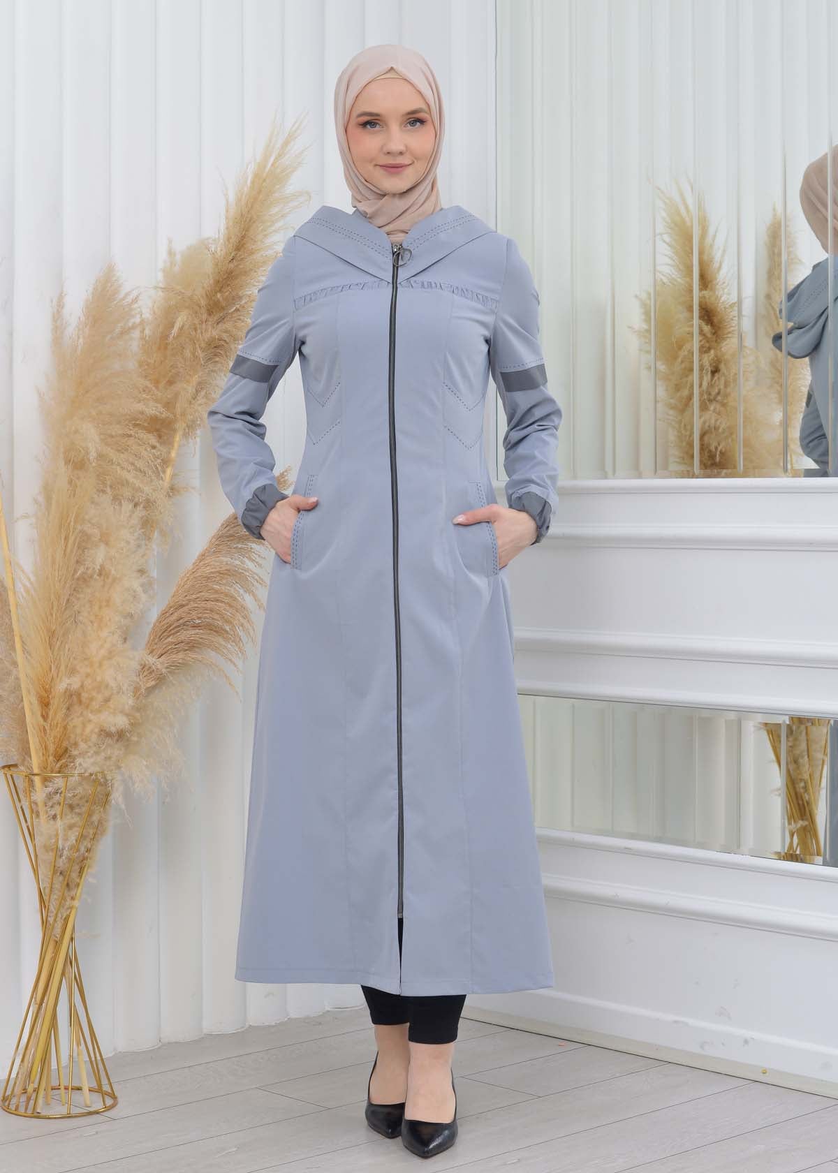 Hooded Zippered Hijab Trench Coat 1202 - Grau