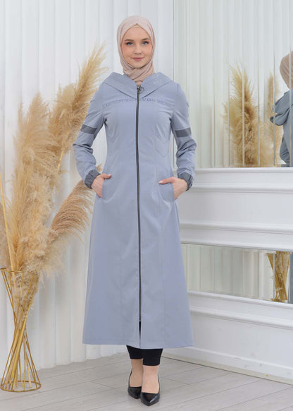 Hooded Zippered Hijab Trench Coat 1202 - Grau
