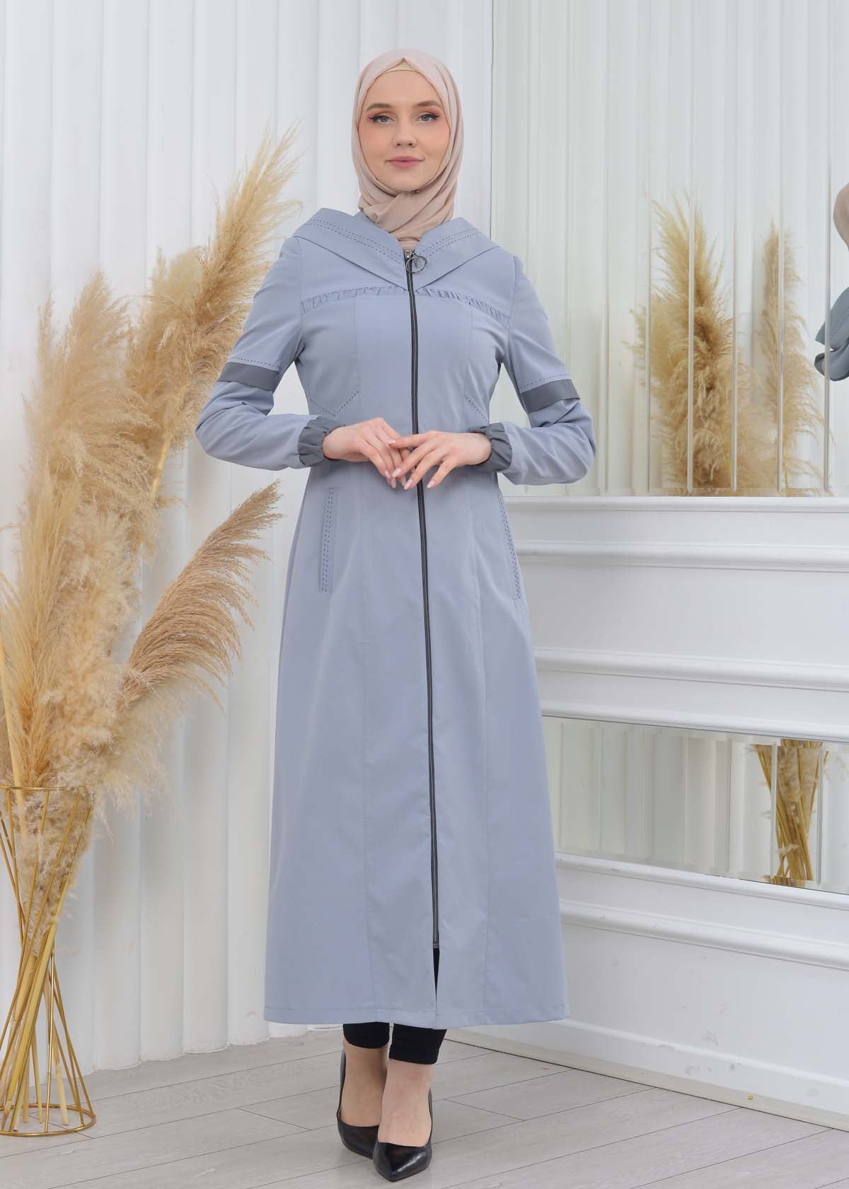 Hooded Zippered Hijab Trench Coat 1202 - Grau