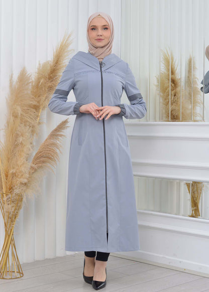 Hooded Zippered Hijab Trench Coat 1202 - Grau
