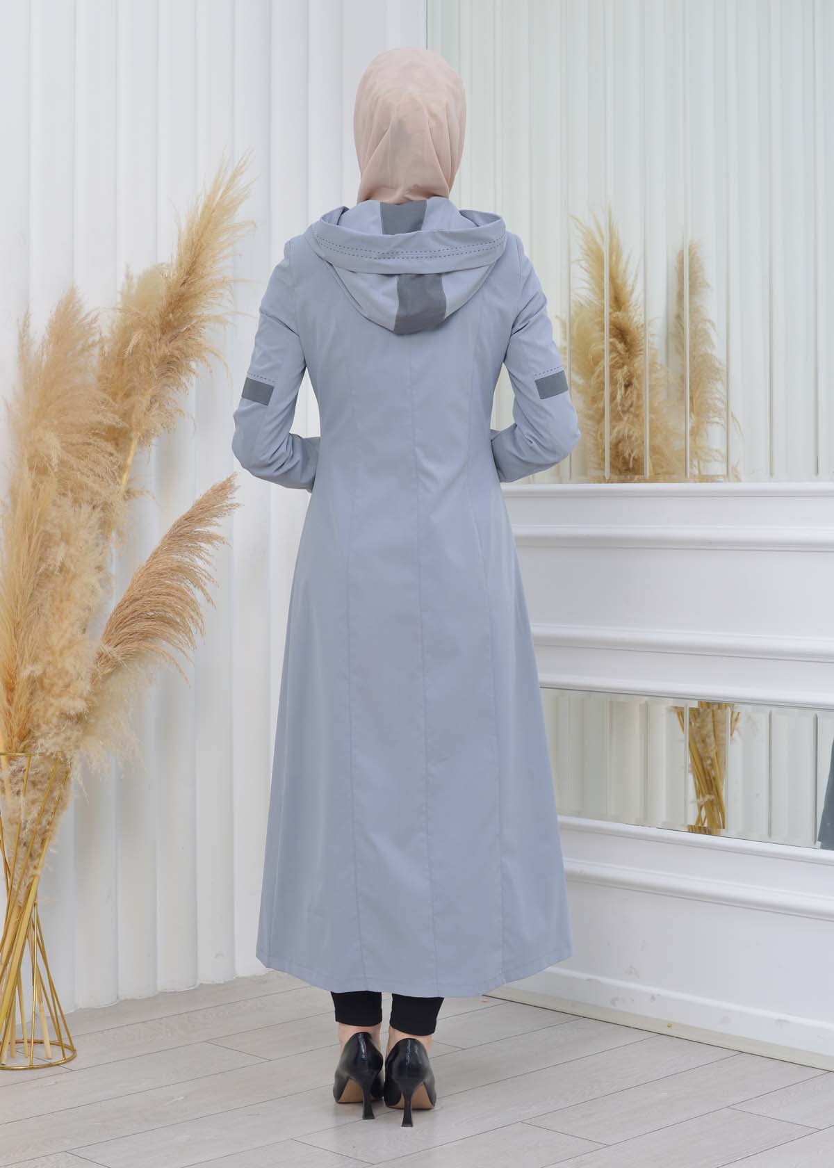 Hooded Zippered Hijab Trench Coat 1202 - Grau