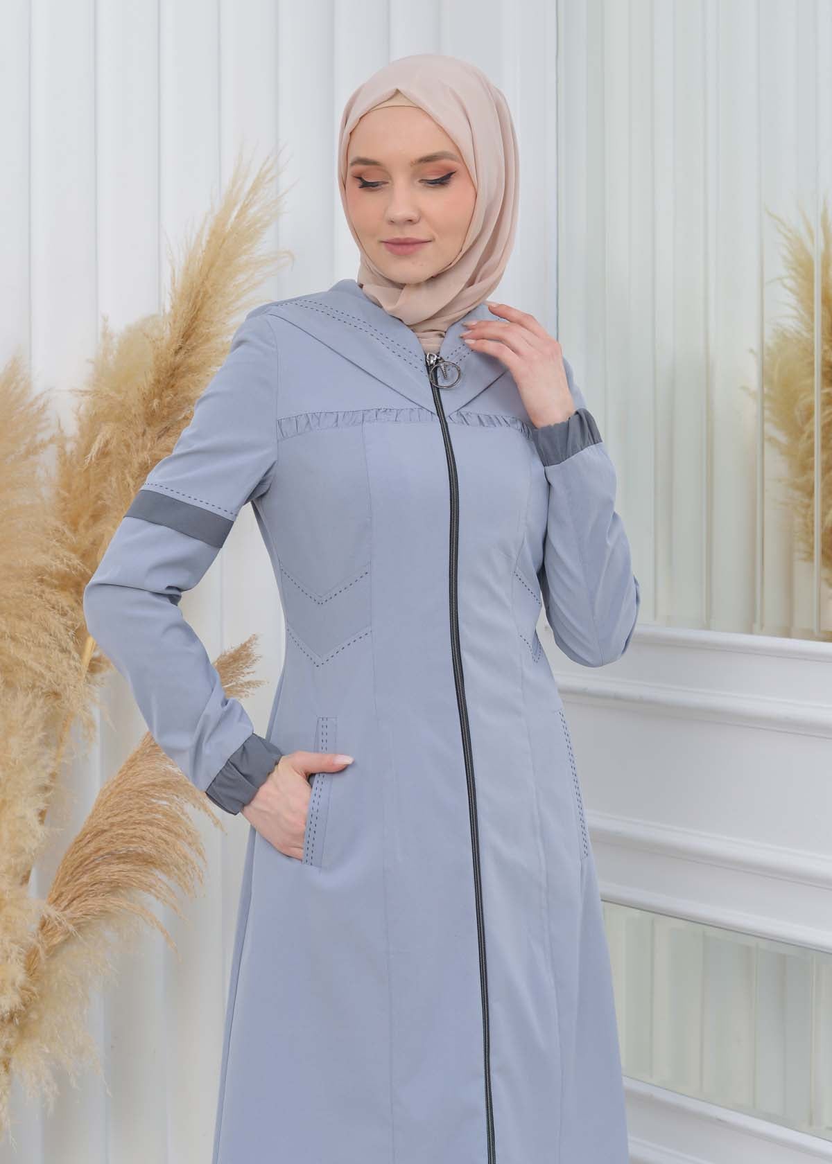 Hooded Zippered Hijab Trench Coat 1202 - Grau