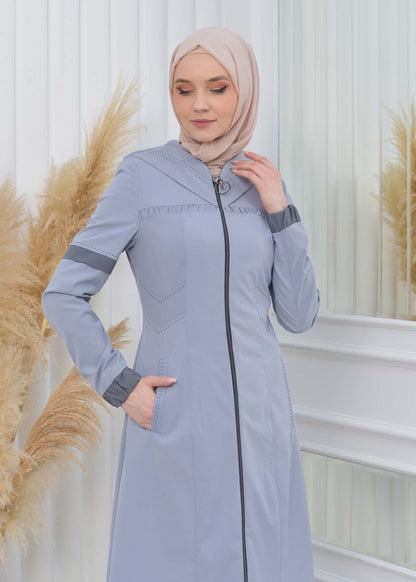Hooded Zippered Hijab Trench Coat 1202 - Grau