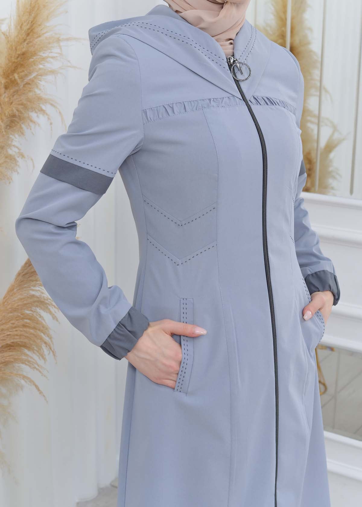 Hooded Zippered Hijab Trench Coat 1202 - Grau