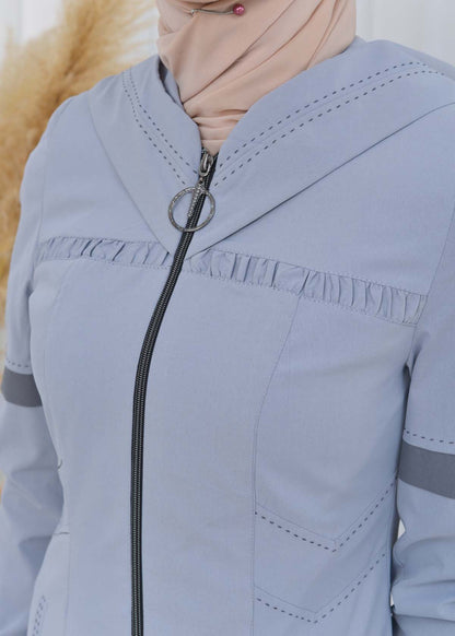 Hooded Zippered Hijab Trench Coat 1202 - Grau