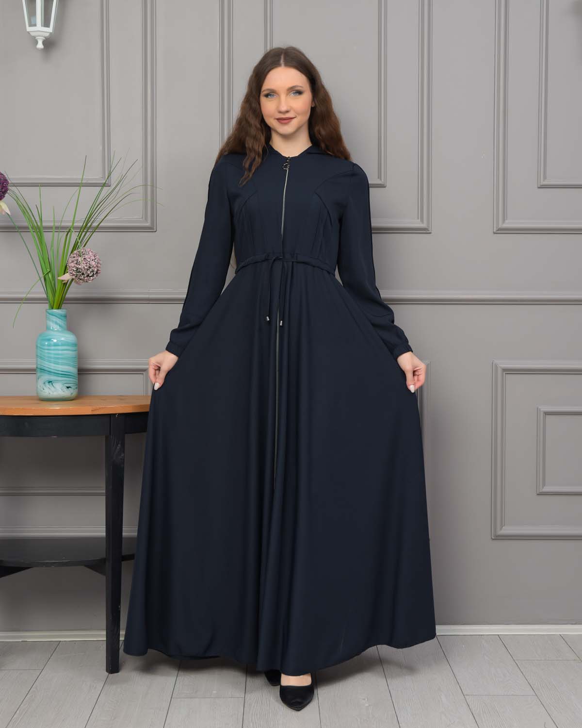 Womens Hooded Abaya with Detachable Belt 694 - Dunkelblau