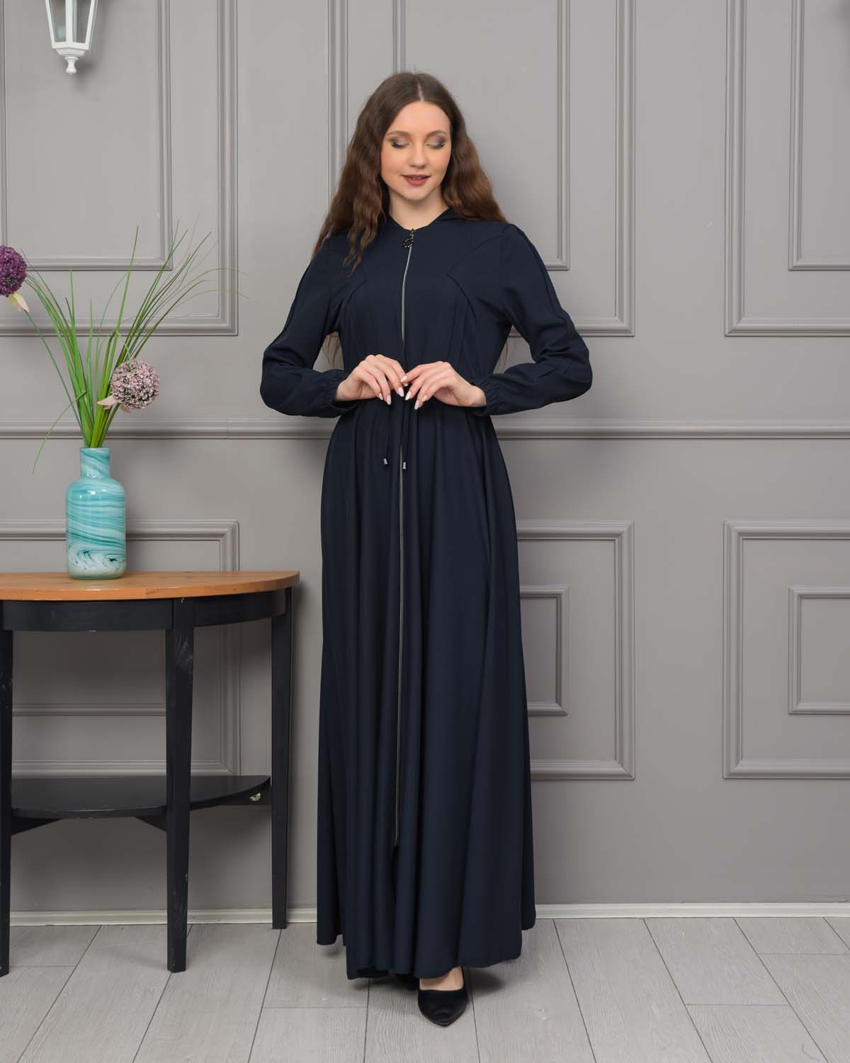 Womens Hooded Abaya with Detachable Belt 694 - Dunkelblau