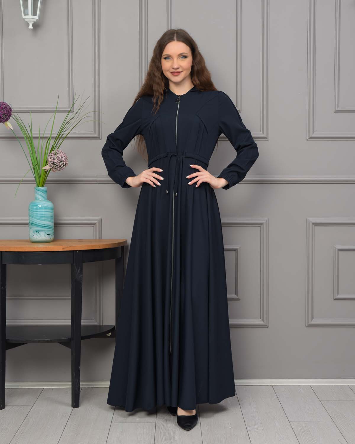 Womens Hooded Abaya with Detachable Belt 694 - Dunkelblau