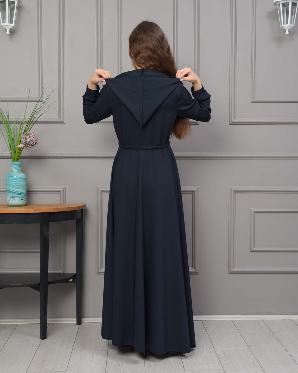Womens Hooded Abaya with Detachable Belt 694 - Dunkelblau