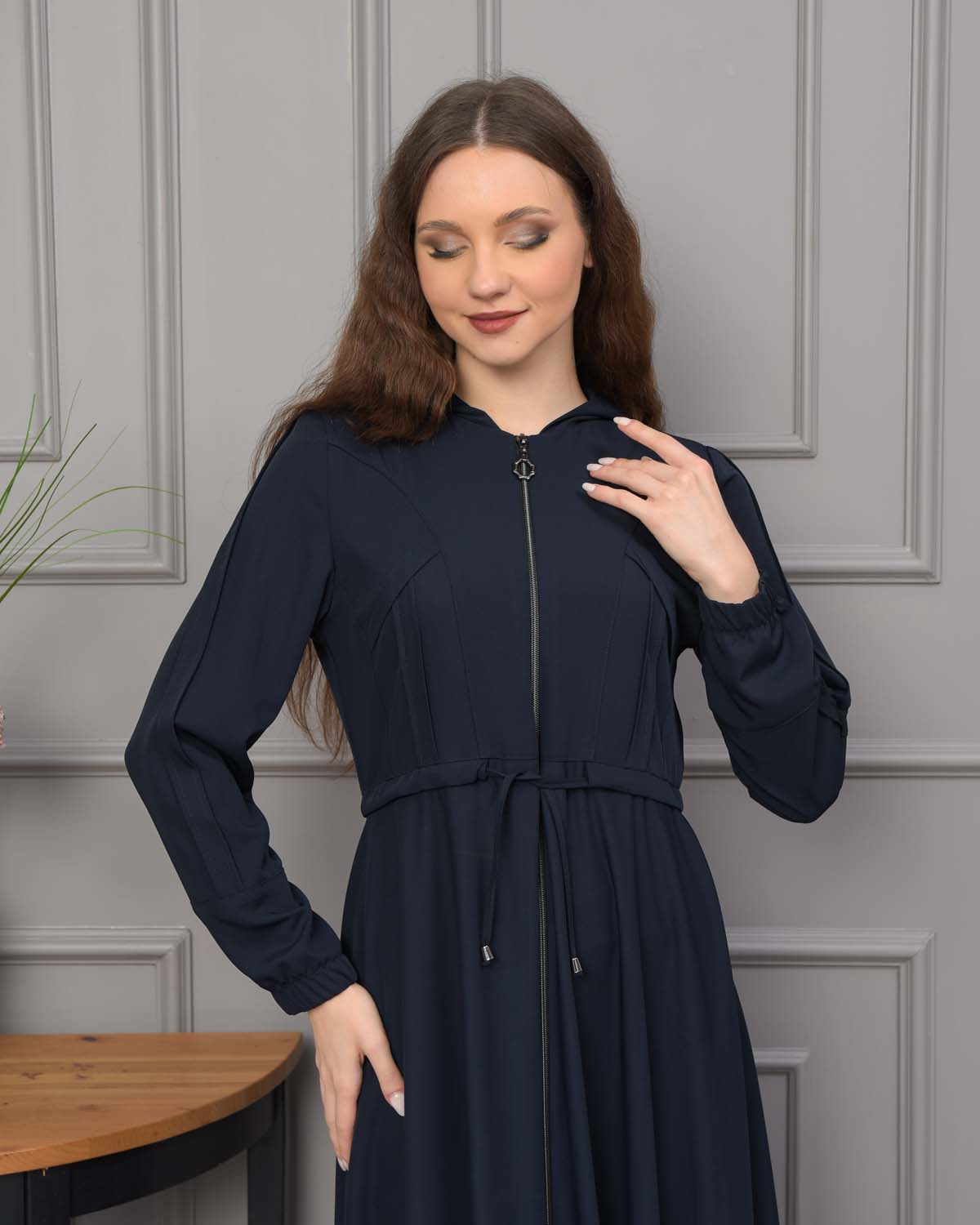 Womens Hooded Abaya with Detachable Belt 694 - Dunkelblau