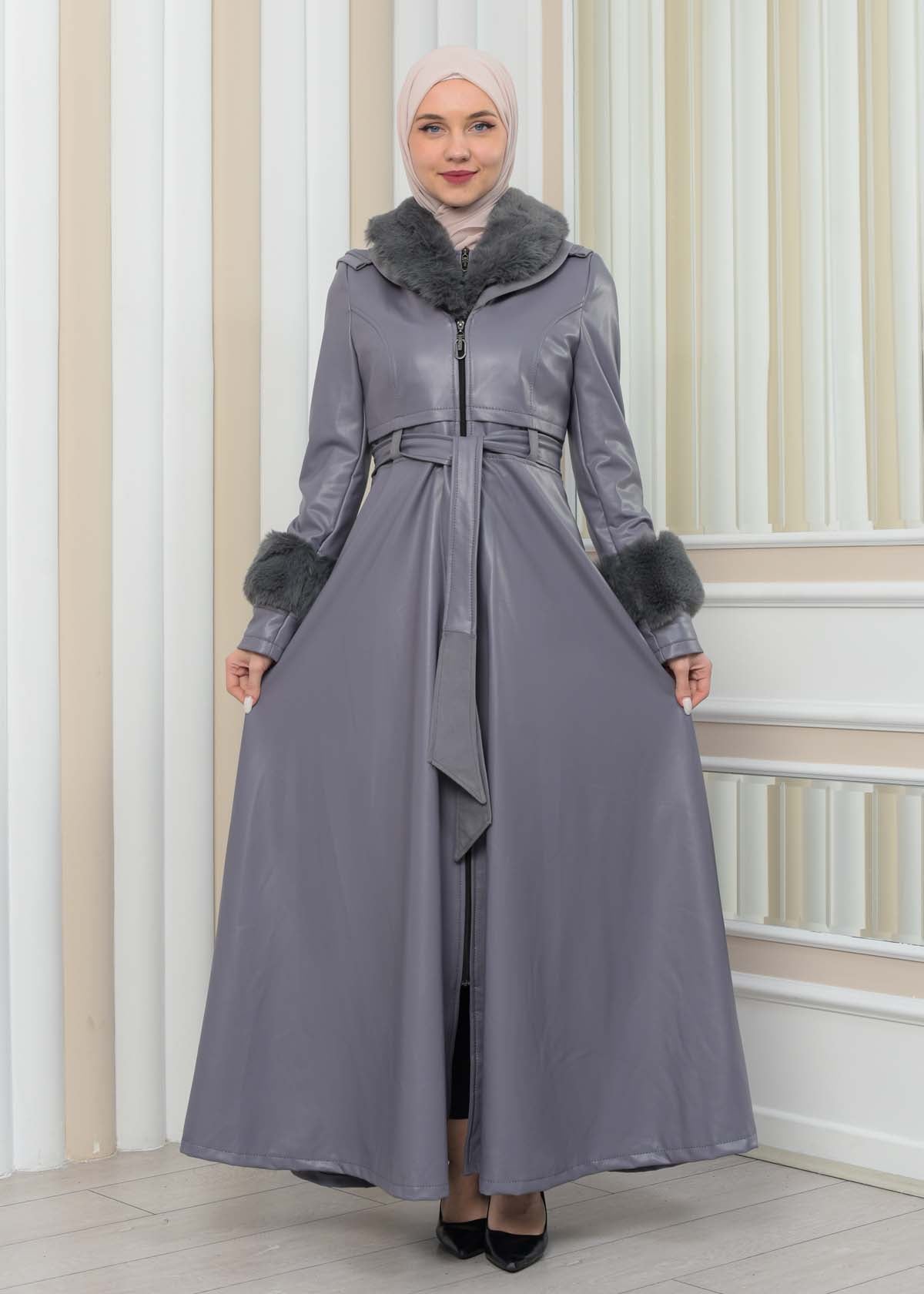 Luxus Double Cloche Ledermantel mit Kaninchenfell-Futter 1349 - Grau