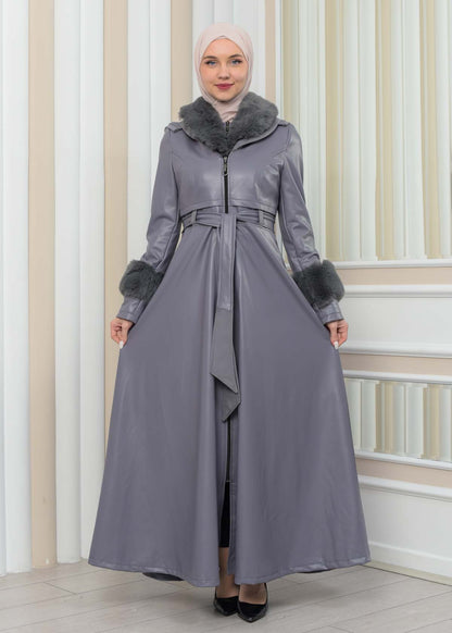 Luxus Double Cloche Ledermantel mit Kaninchenfell-Futter 1349 - Grau