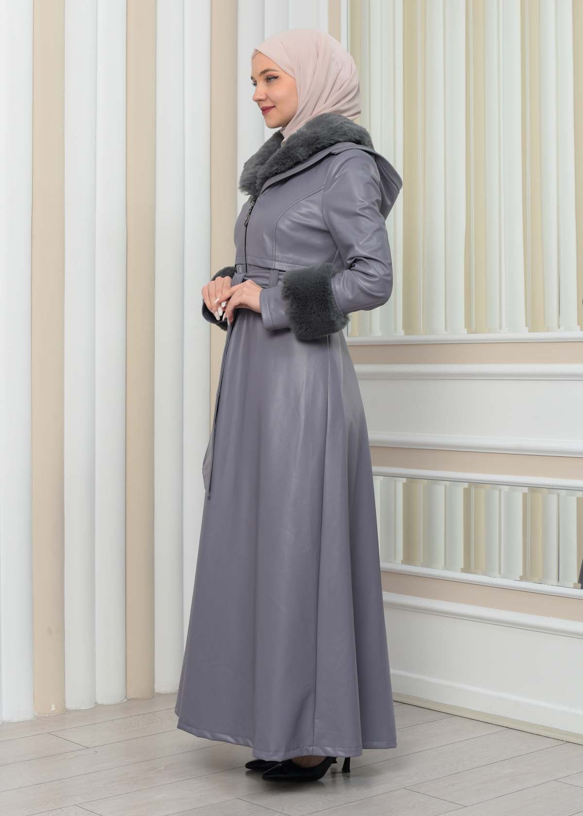 Luxus Double Cloche Ledermantel mit Kaninchenfell-Futter 1349 - Grau