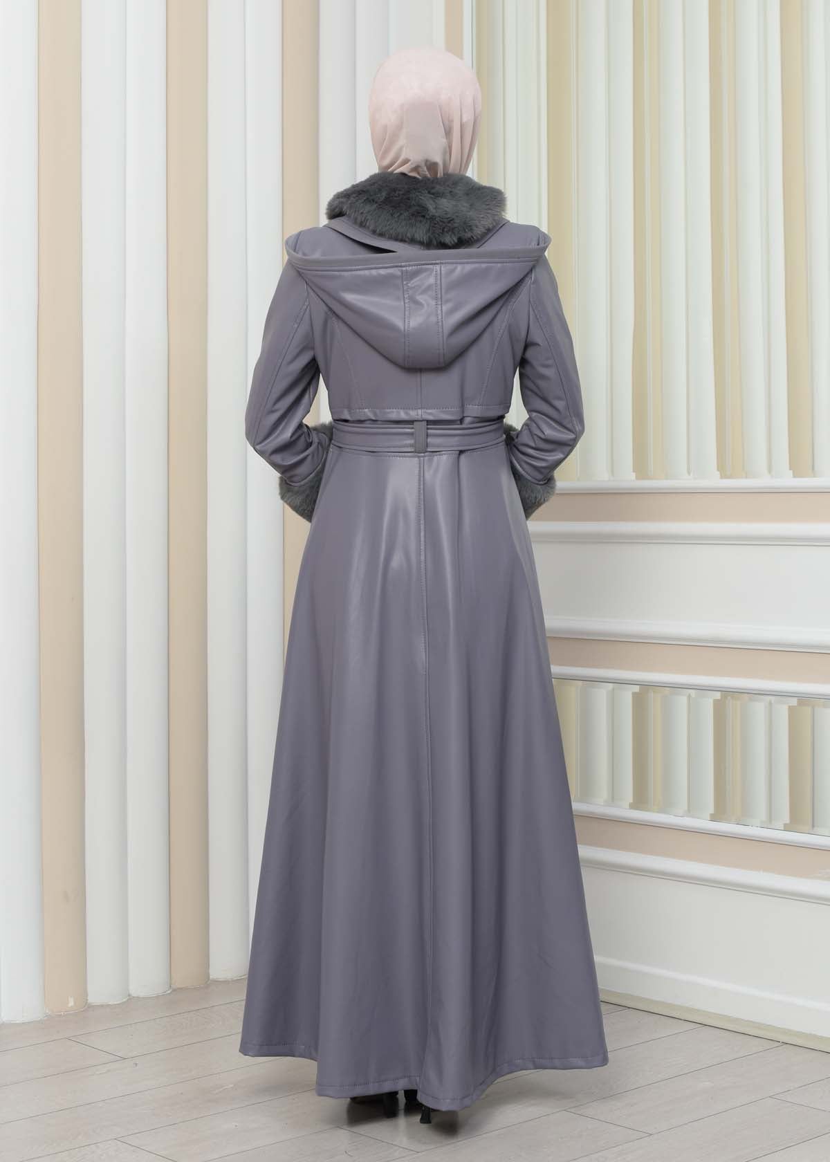 Luxus Double Cloche Ledermantel mit Kaninchenfell-Futter 1349 - Grau