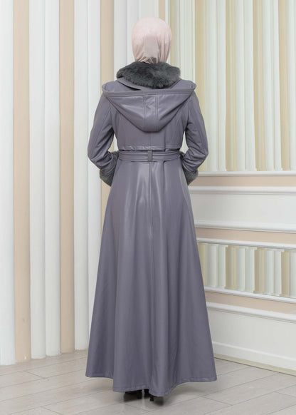 Luxus Double Cloche Ledermantel mit Kaninchenfell-Futter 1349 - Grau