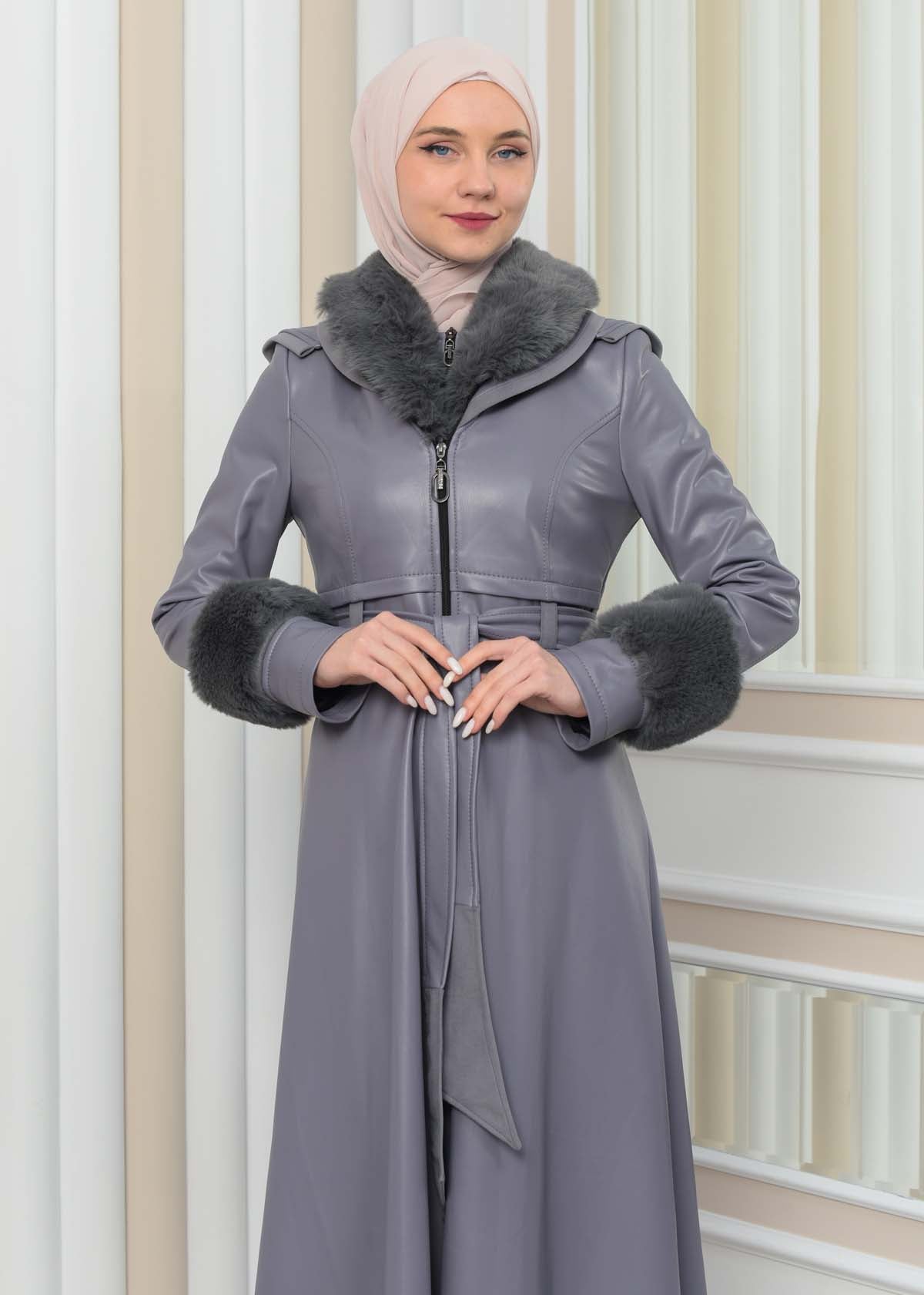 Luxus Double Cloche Ledermantel mit Kaninchenfell-Futter 1349 - Grau