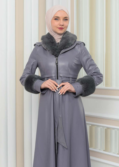 Luxus Double Cloche Ledermantel mit Kaninchenfell-Futter 1349 - Grau