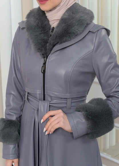 Luxus Double Cloche Ledermantel mit Kaninchenfell-Futter 1349 - Grau