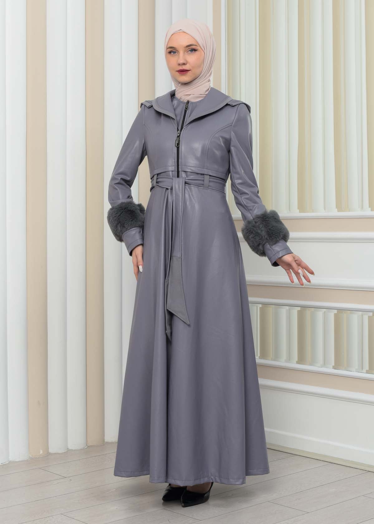 Luxus Double Cloche Ledermantel mit Kaninchenfell-Futter 1349 - Grau