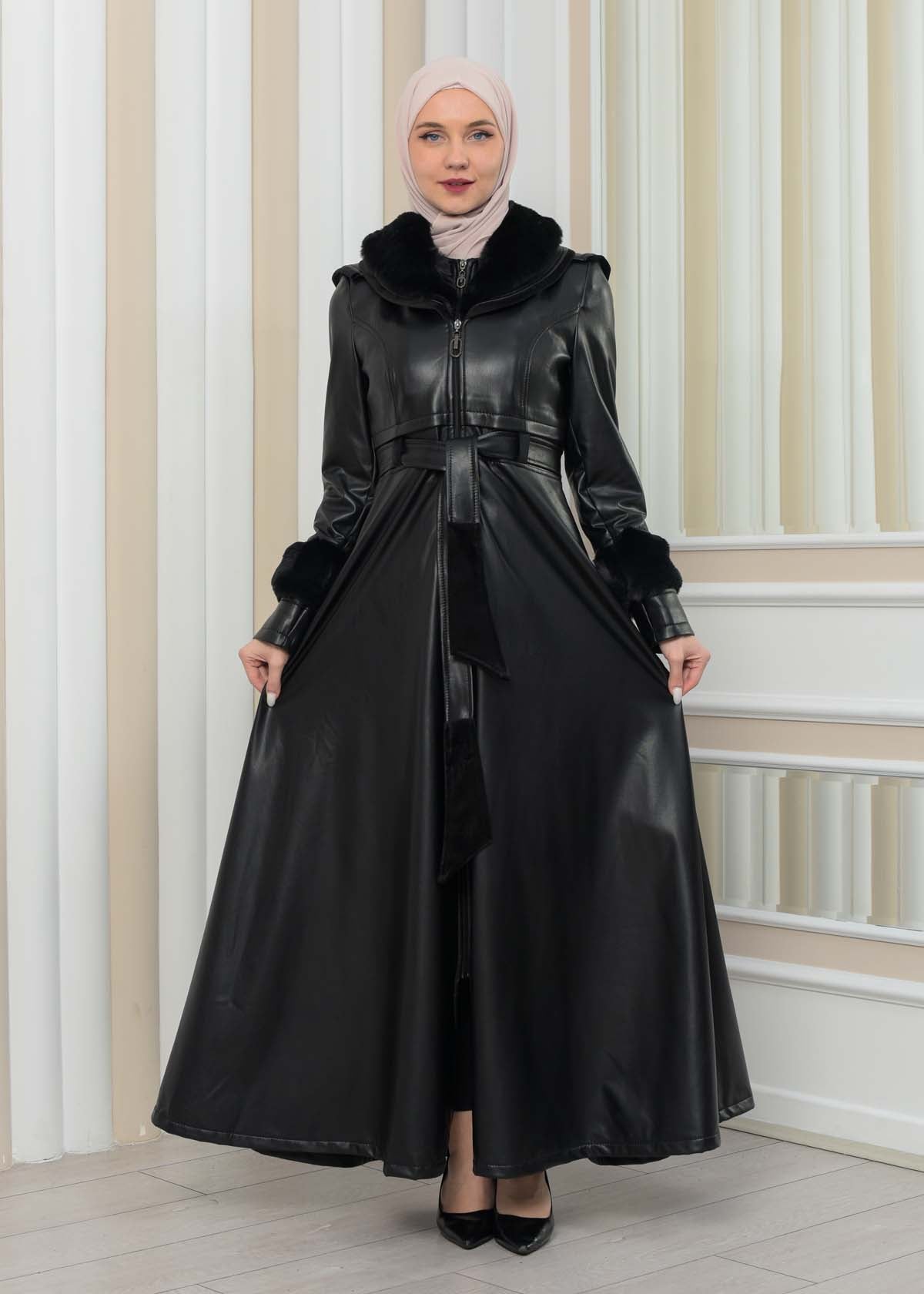 Luxus Double Cloche Ledermantel mit Kaninchenfell-Futter 1349 - Schwarz